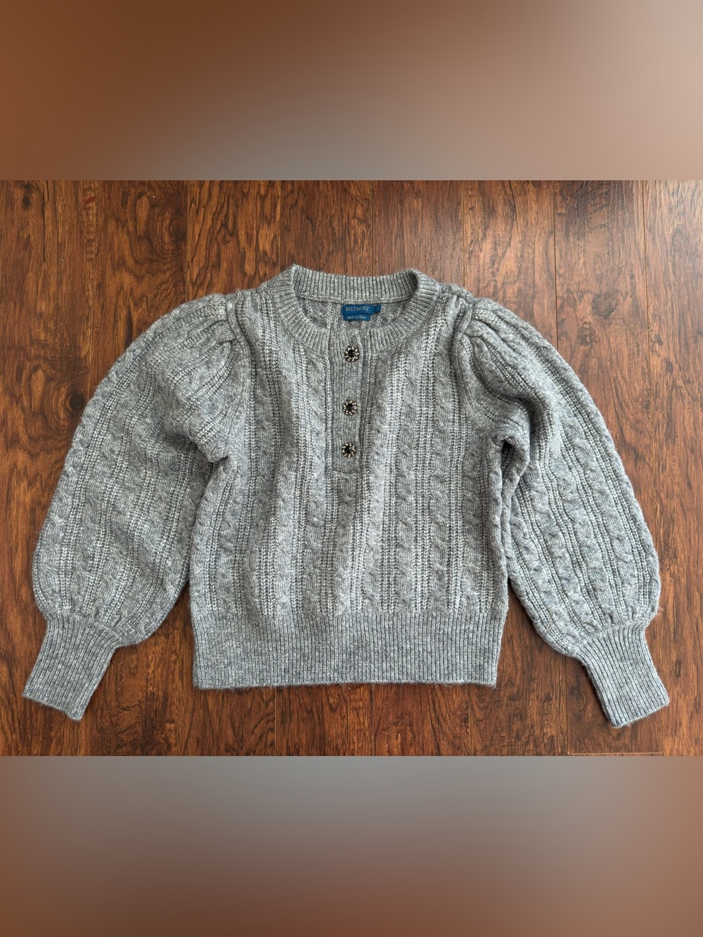 Puff Sleeve Cable Knit Crewneck Sweater - Gray
